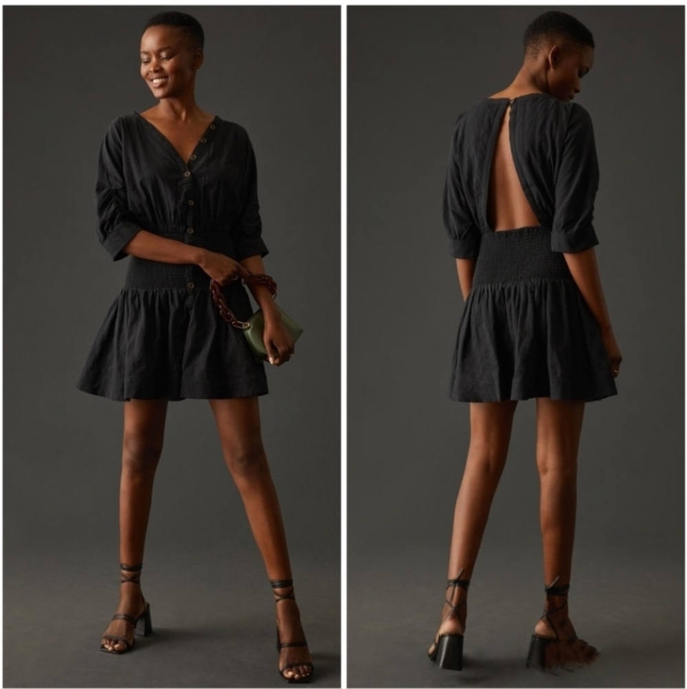 Anthropologie Maeve Marve Puff Sleeve Smocked Mini Dress In Black Size Small
